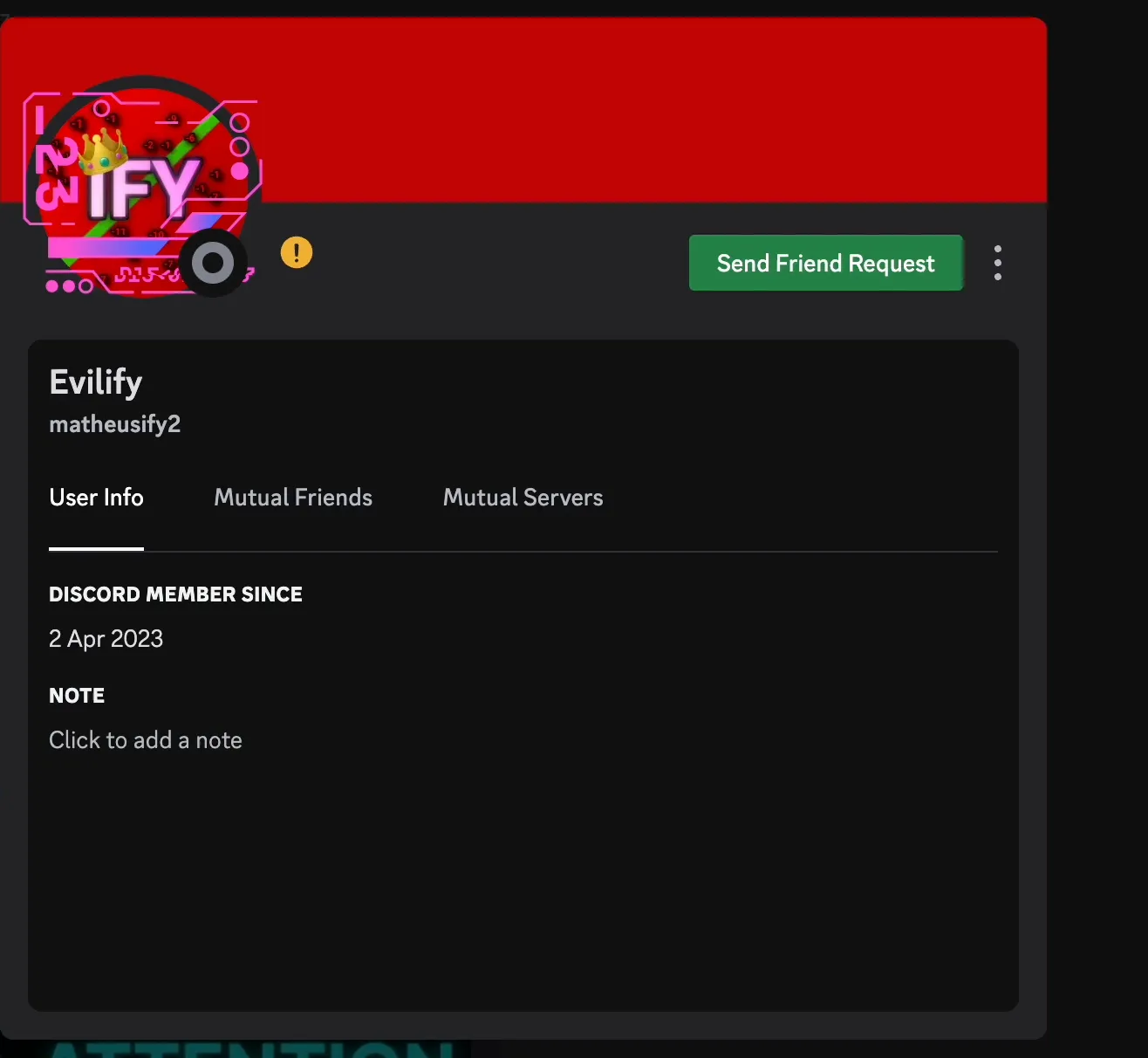 Matheus&#x27; profile, with his display name set as "Evilify", with the same red profile picture from the incident