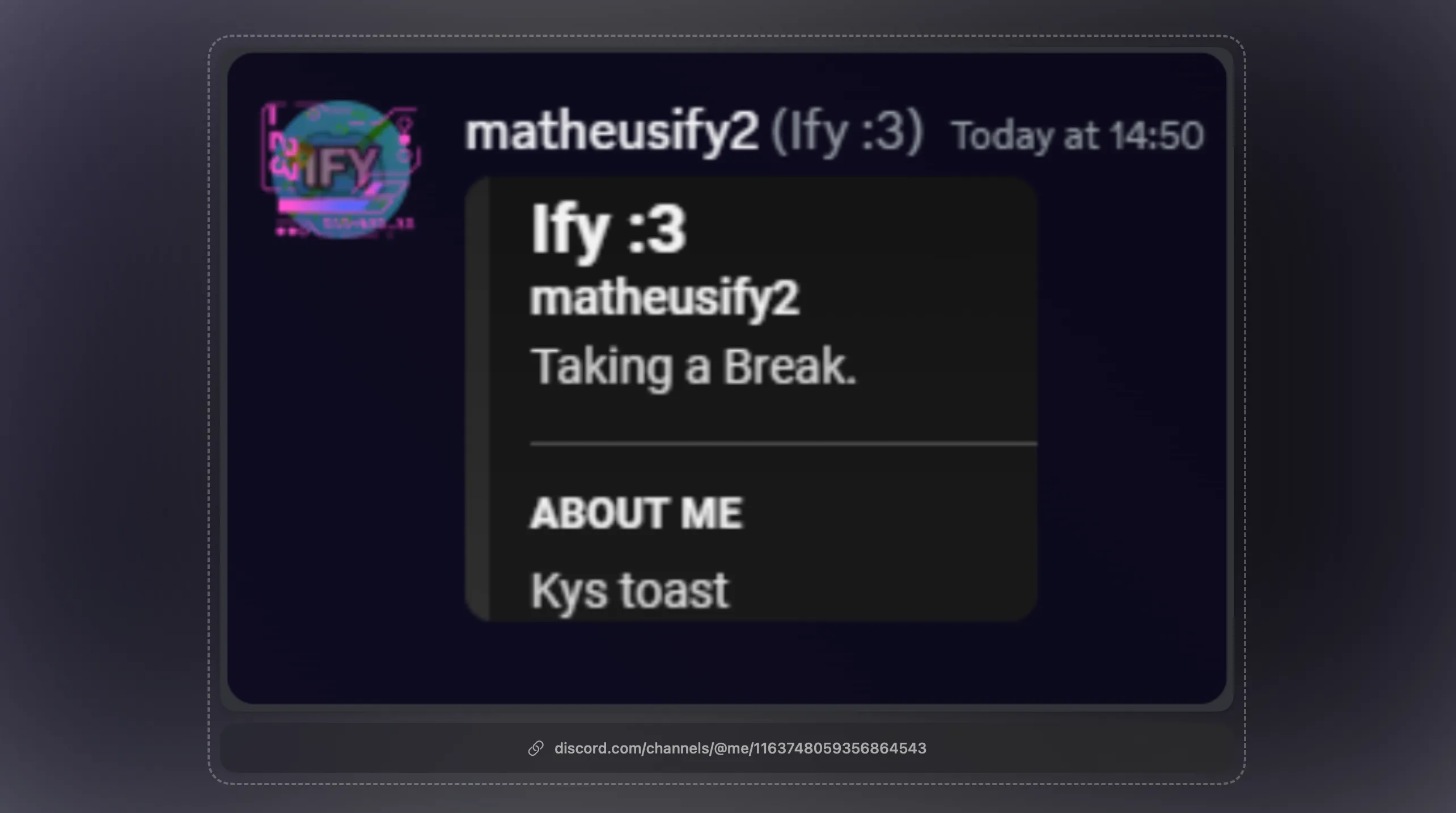 Matheus&#x27; profile, showing his about me that says "Kys toast"